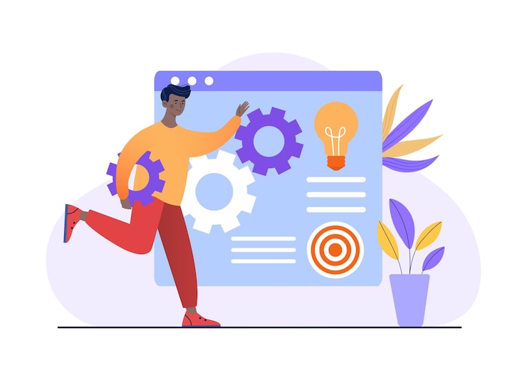 Vector concept of innovate solution man carries gear in his hands graphic elements for website mobile