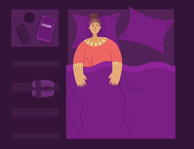 Vector concept insomnia at night in bed tired person can not sleep next the phone tablets with water