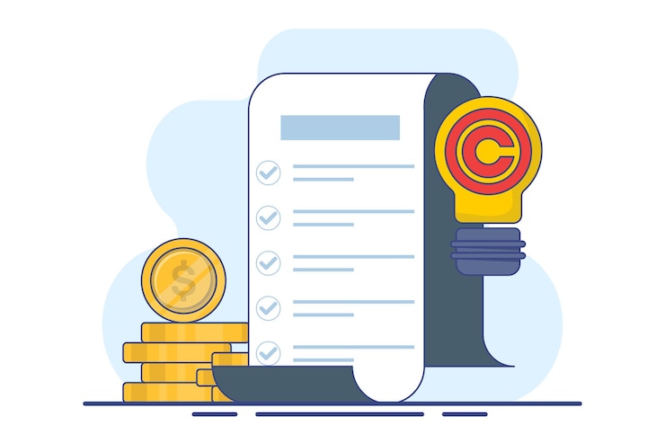 Vector concept of intellectual property and copyright or law and innovation protection rights