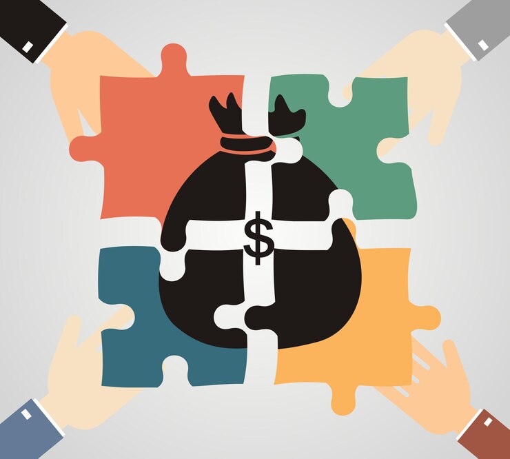 Vector the concept of investment and joint business businessmen folded bag of money consists of puzzles