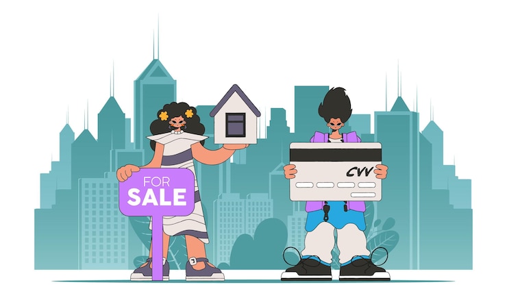 वेक्टर concept investment in real estate guy and girl real estate agent sells a house