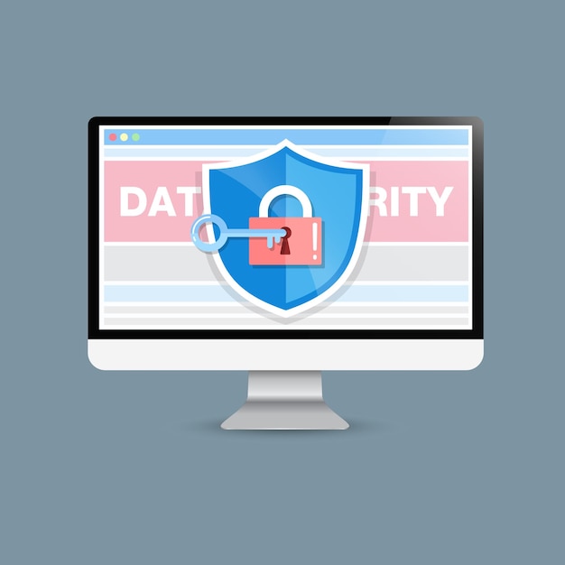 Il concetto è la sicurezza dei dati accesso al successo scudo sul desktop del computer design vettoriale
