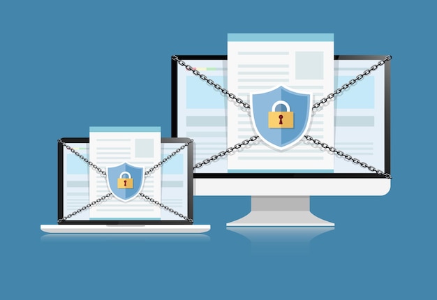 concept is data security shield on computer desktop or laptop vector illustration