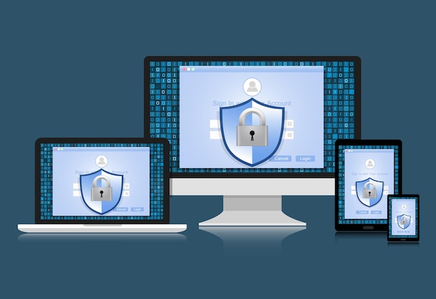 Concept is gegevensbeveiliging Shield op computer Laptop Tablet en Smart Phone Vector Illustration