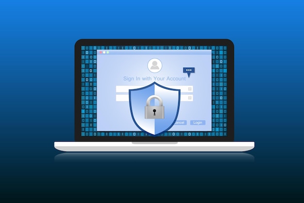 Concept is gegevensbeveiliging Shield op Laptop beschermt gevoelige gegevens Internetbeveiliging Vector Design