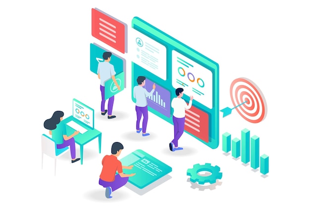 Vector the concept of isometric flat illustration seo optimization and analyst data