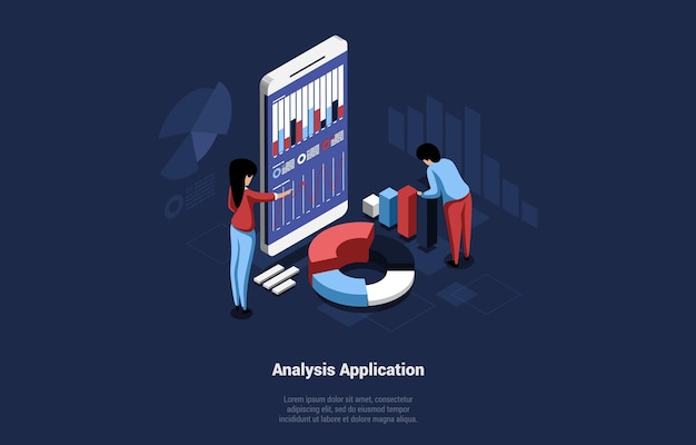 Illustrazione isometrica del concetto di applicazione di analisi per uso aziendale o personale. personaggi dei cartoni animati che lavorano su schema, grafico e grafico. grande smarthone con diverse scritture, diagrammi.