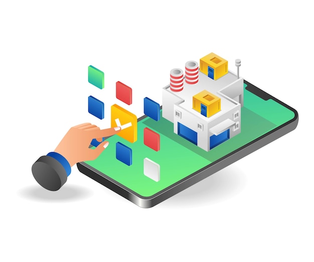 Concept isometric illustration of smartphone controlling factory