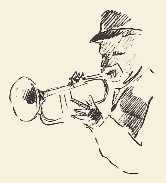 Vettore concetto per poster jazz. uomo che suona il contrabbasso. illustrazione disegnata a mano d'epoca, schizzo.