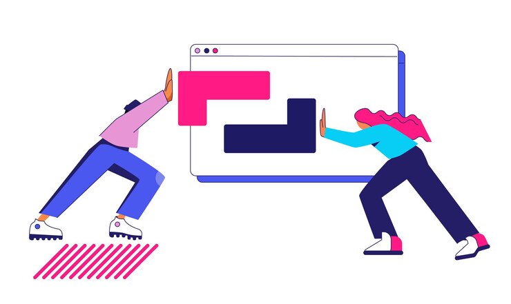 Vector the concept of joint development a man and a woman combine blocks elements of the puzzle towards
