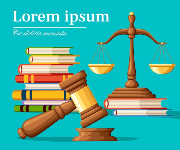 Concept justice in cartoon style. justice scales and wooden judge gavel. law hammer sign with books of laws. legal law and auction symbol.  illustration  on turquoise background