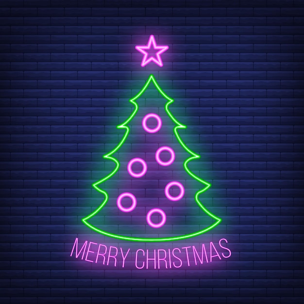Concept kerst fir tree pictogram met ster groene neon gloed stijl, gelukkig nieuwjaar en merry christmas platte vectorillustratie, geïsoleerd op baksteen zwart. kerstvakantie wintertijd.