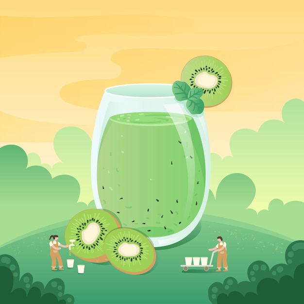 Vettore concetto di succo di kiwi. minuscole persone che lavorano intorno al kiwi. grandi bicchieri di succo di kiwi. illustrazione di vettore.