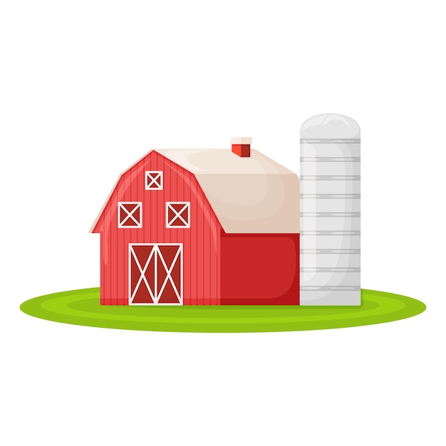 Concept landhuis rode moderne boerderij schuur gebouw met graanschuur op groene boerderij veld perceel ranch cartoon vector illustratie pictogram, geïsoleerd op wit. Plaats voor oogst en opslag van gewassen.