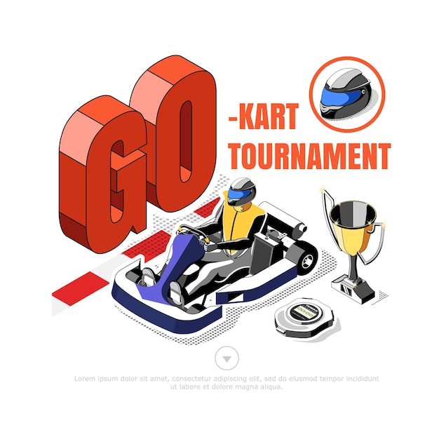 Concept landing page karting club e torneo di corse illustrazione vettoriale isometrica