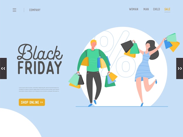 Concept of landing page on shopping theme, black friday online sale.  for mobile website and web page design. flat man and woman characters holding shopping