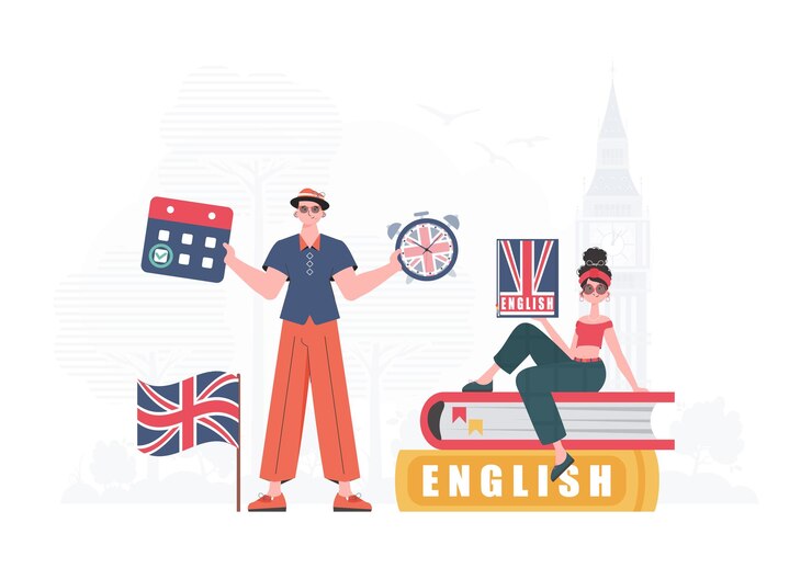Vector the concept of learning english man and woman english teacher trendy cartoon style vector illustration