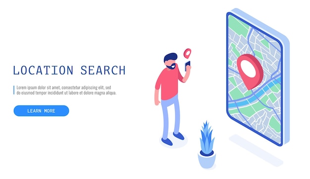 Концепция поиска местоположения Веб-баннер Человек ищет пункт назначения Векторная иллюстрацияxA
