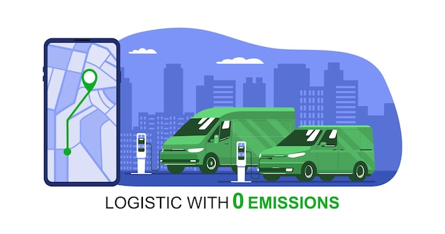 Concept per un servizio logistico con veicoli elettrici. illustrazione vettoriale.