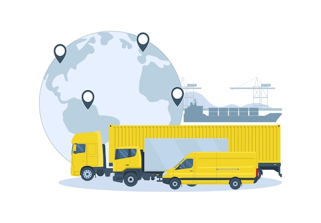 the concept of logistics service world map trucks and van cargo ship vector illustration
