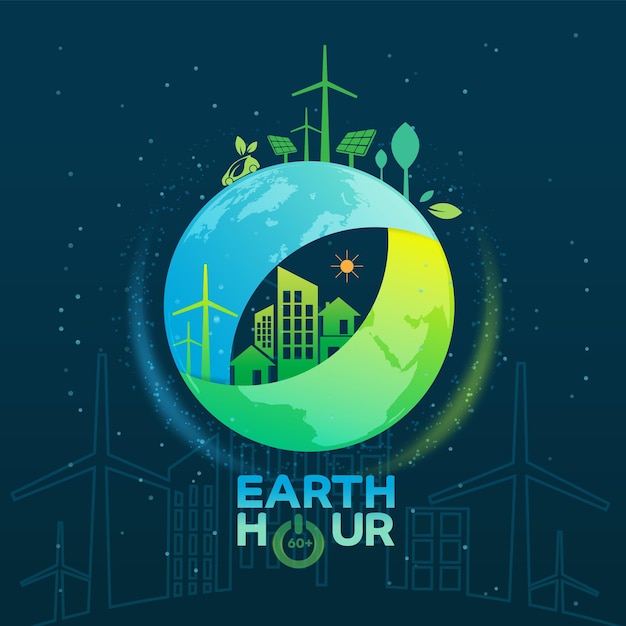 Vettore concetto logo design evento earth hour ecologiale città verdi aiutano il mondo con l'ecofriendly