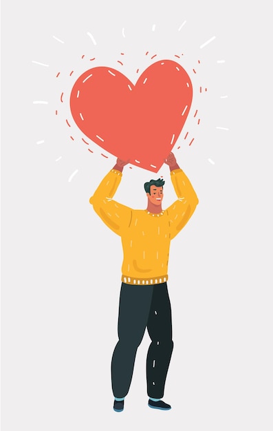 Vector concept of love mini man with big red heart in hands man hold heart