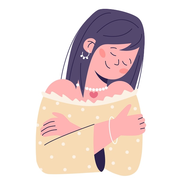 Vector concept of love yourself take care of yourself smiling woman hugging herself