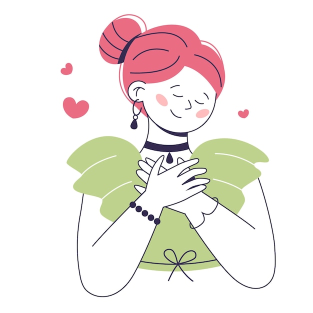 Vector concept of love yourself take care of yourself woman holds her hands on her chest with hearts on white background