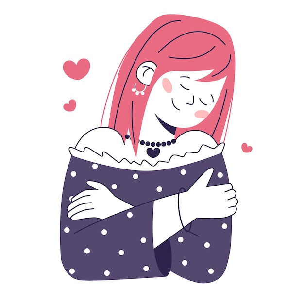 Vector concept of love yourself take care of yourself woman hugging herself with hearts on white background