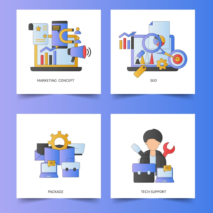 Vector concept of marketing, seo, package, tech support based poster or template design for advertising.