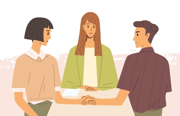 Concept of mediation. Man and woman sitting at desk, discussing problem, finding solution. Partners negotiation process with impartial arbitration. Vector illustration in flat cartoon style.