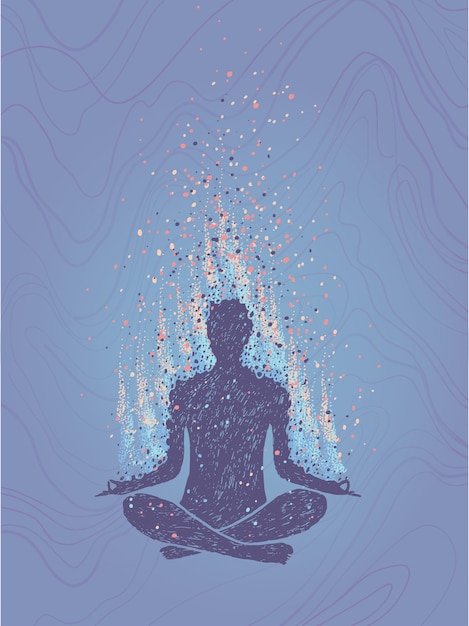 Vector concept of meditation, enlightenment. human sitting in a lotus pose. vertical hand drawn colorful illustration.