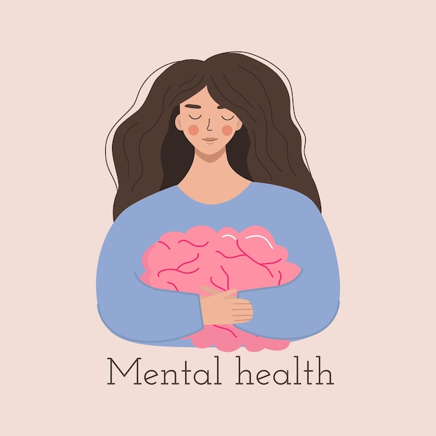 The concept of mental health A young woman smiles and hugs her brain