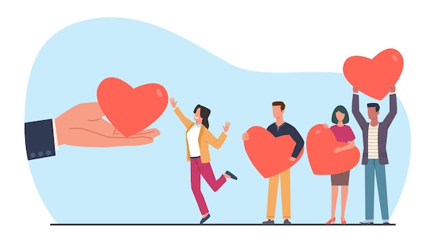 concept of mercy and help big hand gives people hearts support and warmth shares empathy generous community people volunteer work donation and social aid vector cartoon flat illustration