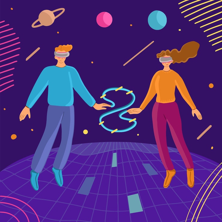 Vector a concept of metaverse man and woman in vr headset glasses floating in air amongst planets
