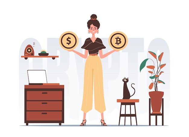 Vector the concept of mining and extraction of bitcoin a woman holds in her hands a bitcoin and a dollar in the form of coins character with a modern style