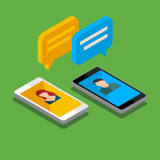 Vector concept of a mobile chat or conversation of people via mobile phones. can be used to illustrate globalization, connection, phone calls or social media topics. flat design, vector illustration.