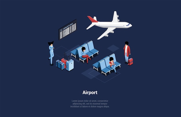 Concept of modern international airport terminal passengers with luggage in departures waiting room wait their departure looking on led information panel isometric 3d cartoon vector illustration