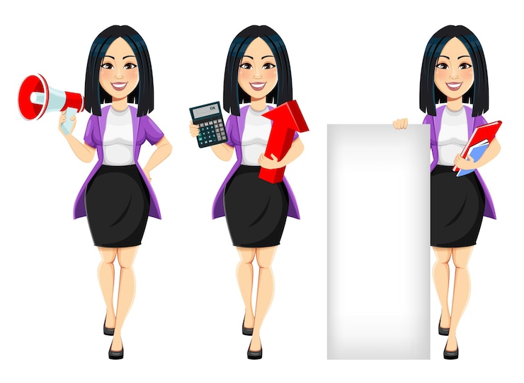 Vector concept of modern young asian business woman cartoon character businesswoman set of three poses