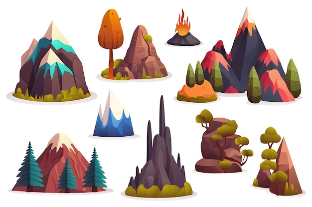 Vector concept mountains this flat cartoon design depicts a set of stylized mountains with various shapes