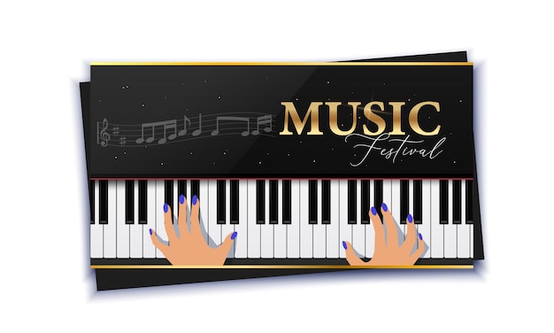 Concetto di poster del festival musicale con tastiera per pianoforte e mani del giocatore