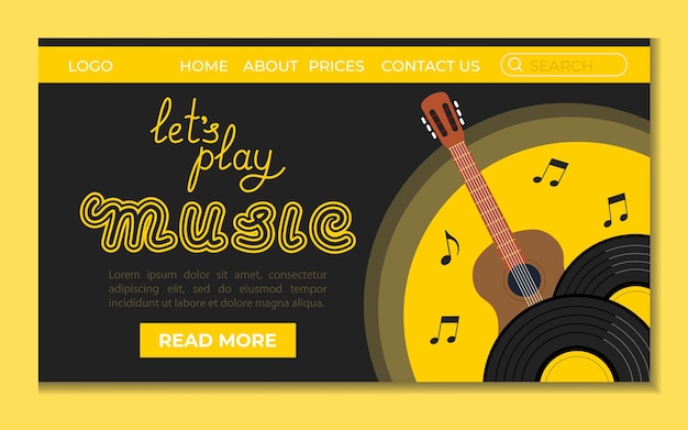 Concept musical landing vinyl record and guitar for web site vector illustration in flat style