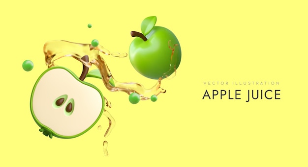 Concept of natural apple juice Green apple cut in half realistic juice splashes