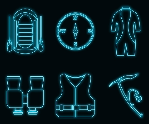 Vector concept neon glow style tourism equipment rafting and tourism icon collection, swimming suit web element, vector illustration, isolated on black brick wall background.
