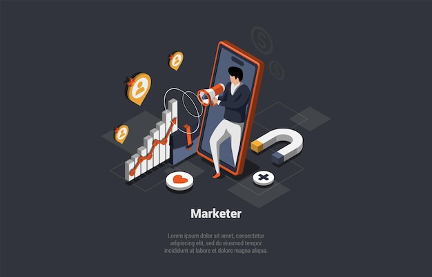 Concept Of New Startup Or Project Professional Marketer Man With Loudspeaker Promotes New Project Advertising of Business in The Internet Through Social Networks Isometric 3d Vector Illustration