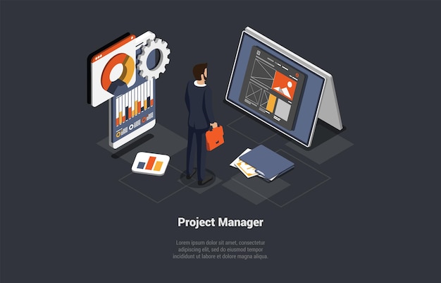 Vector concept of new startup or project software engineer man project manager develop new startup idea project management planning organization schedule productivity isometric 3d vector illustration
