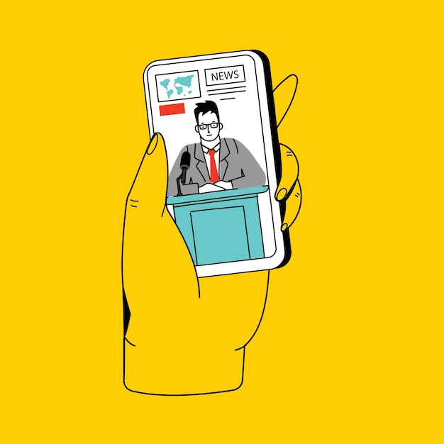 Concept of news watching video online podcast talk show tv application live streaming Hand holding smartphone with man with microphone on screen Vector illustration in flat style