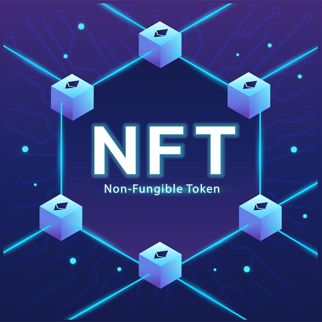 NFT의 개념, 어두운 배경에 네트워크 벡터가있는 대체 불가능한 토큰