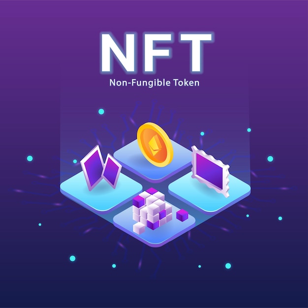 Vettore concetto di nft, token non fungibile con vettore di rete su sfondo scuro