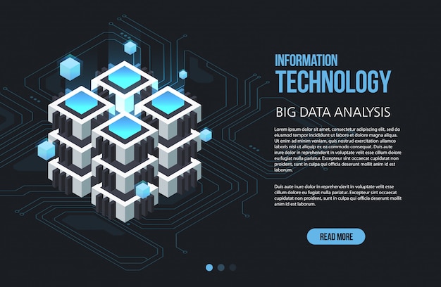 ビッグデータ処理、等尺性データセンター、ベクター情報処理およびストレージの概念。抽象的な幾何学的な要素を持つクリエイティブイラスト。